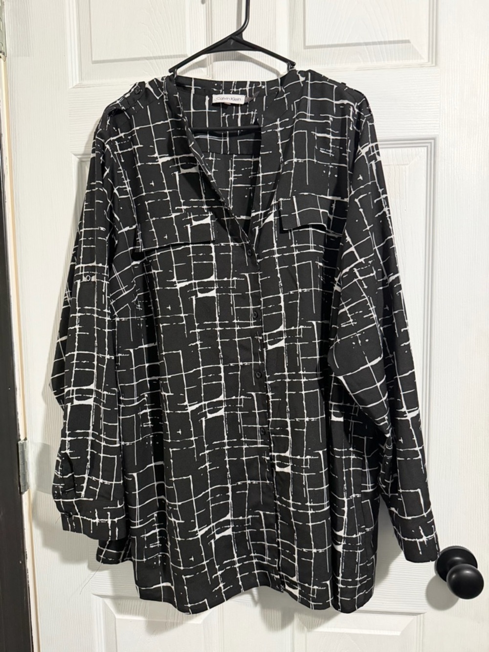 Calvin Klein Black and White Grid Button-Up Blouse